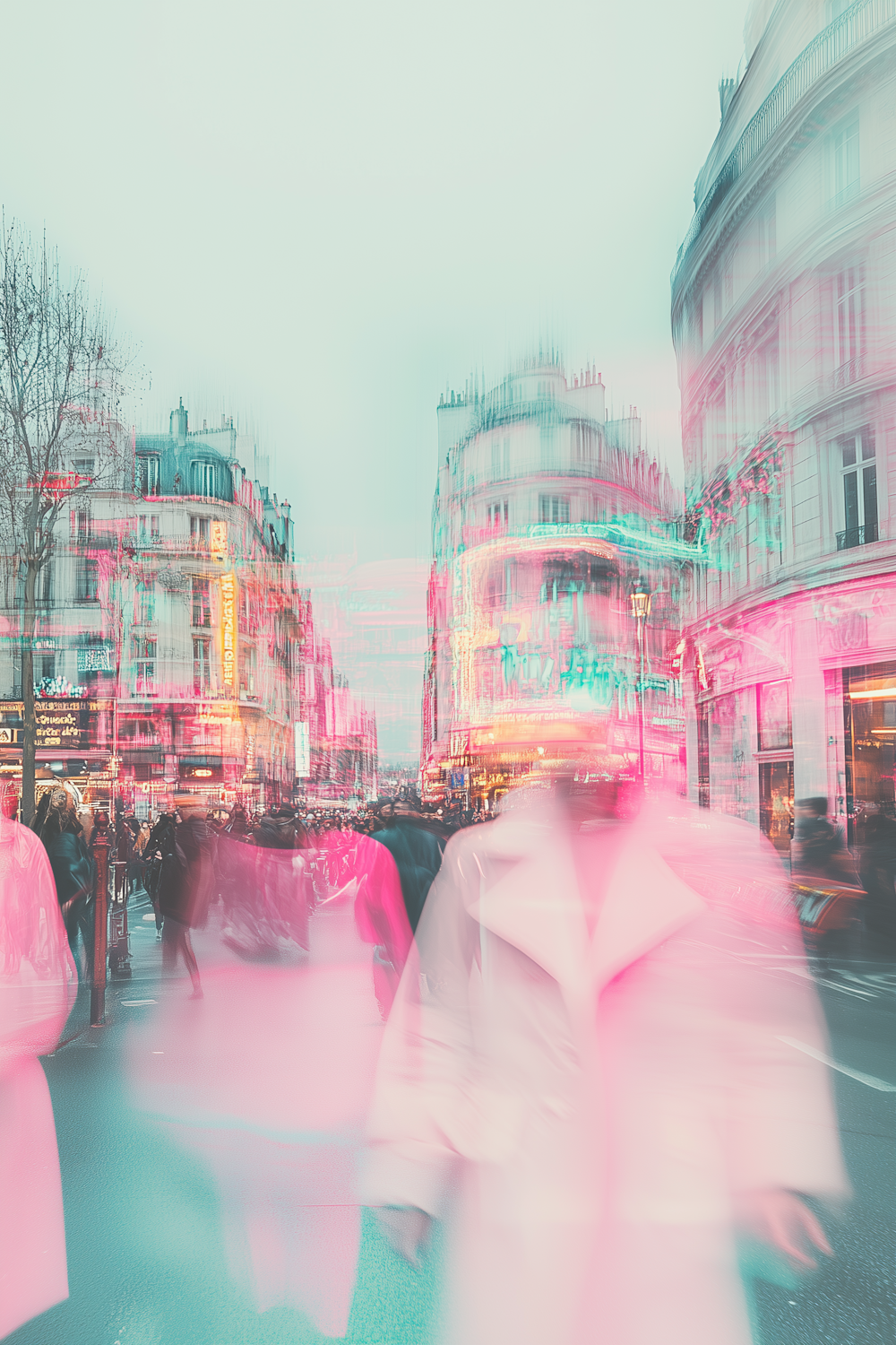 A narrow city street lit by layered neon signage, with passing figures blurred by a long camera exposure