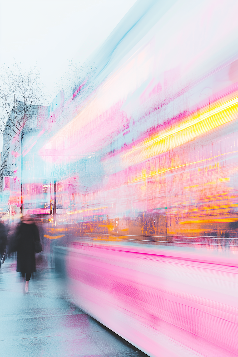 Light trails from passing traffic streaking across wet pavement on a city street after rain