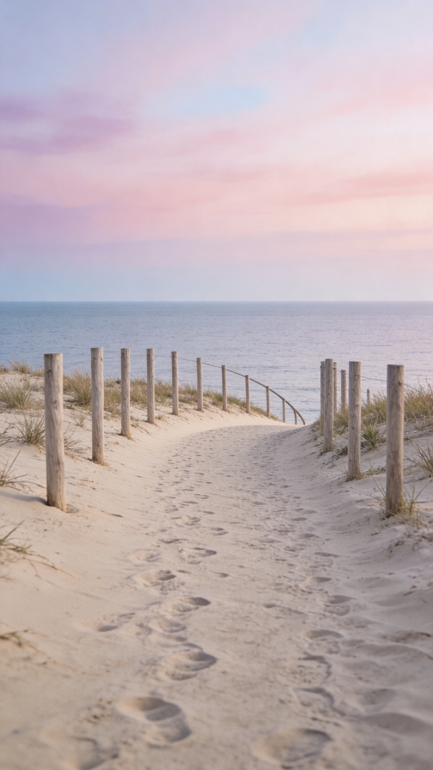 A sandy path running between low dunes and marram grass down towards open sea under a pale sky
