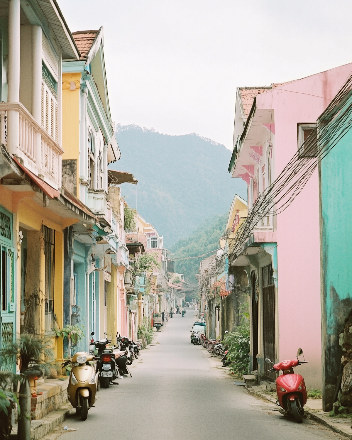 A street of pastel-painted buildings lined with parked motorbikes, green mountains rising behind the rooftops