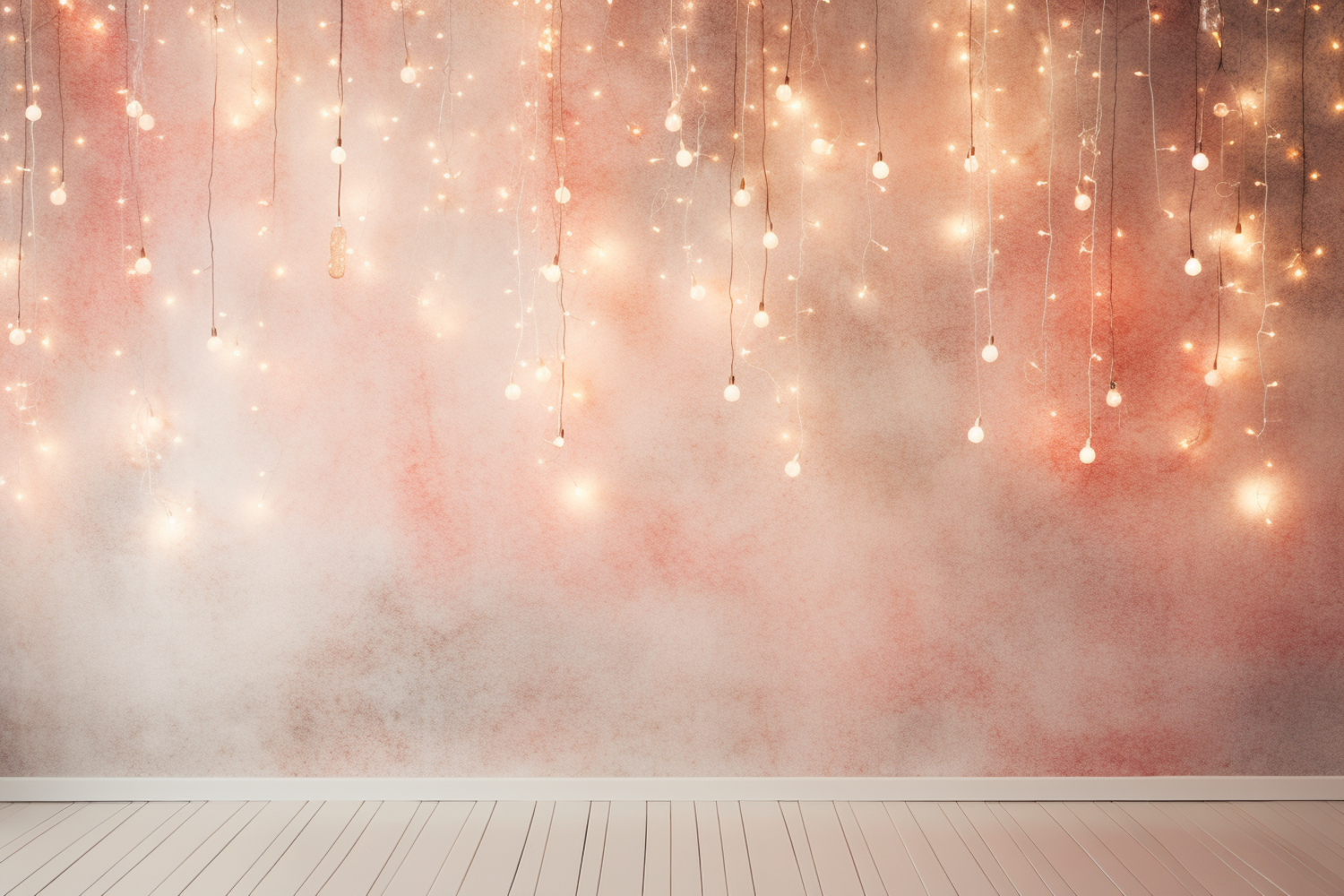 Warm white fairy lights strung overhead against a soft pink background