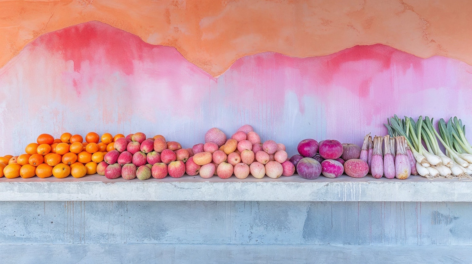 Fresh fruit and vegetables arranged in colourful rows on a concrete shelf against a pink and orange painted wall