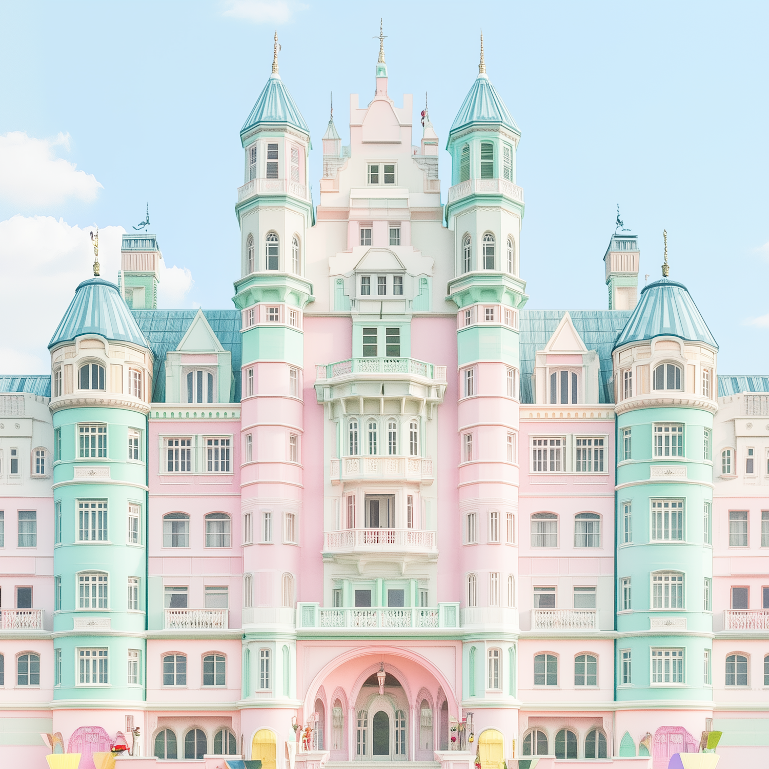 A pastel-coloured castle-like building with corner turrets and tall pointed spires against a clear blue sky