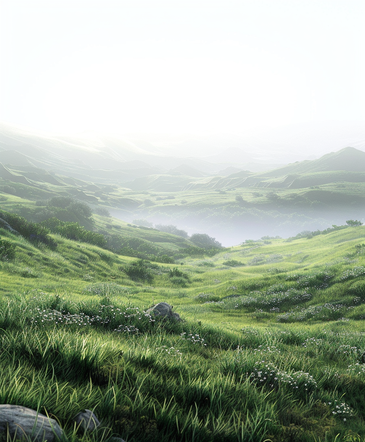 Rolling green hills and lush grass falling away into misty valleys under soft, low light