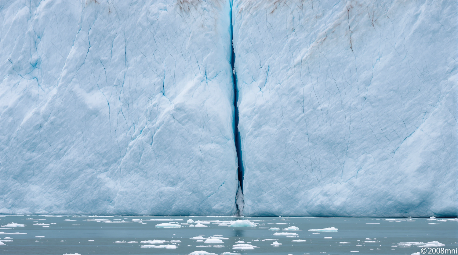 The face of a glacier split by a deep vertical crack, with broken ice floating on calm water below