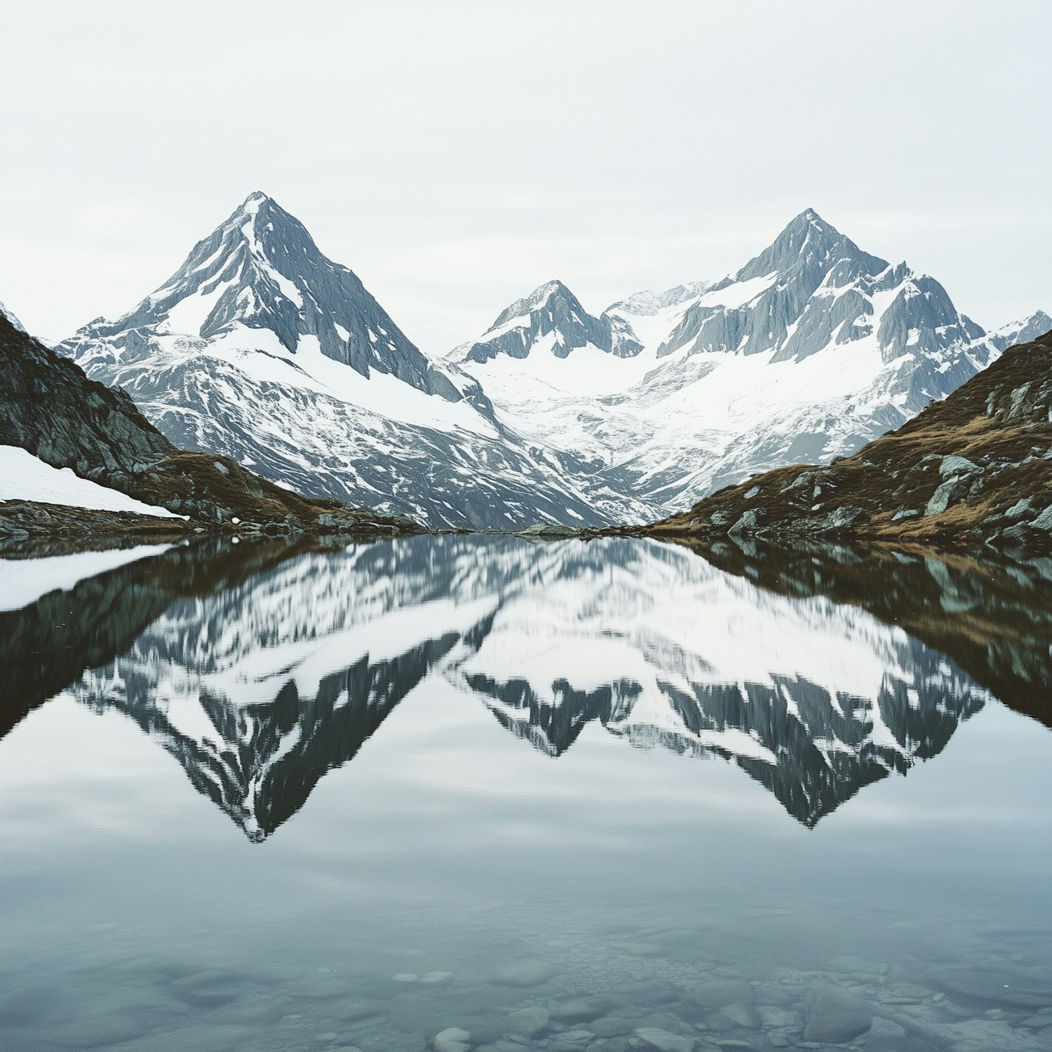 Snow-capped mountains mirrored in a completely still alpine lake beneath an overcast sky