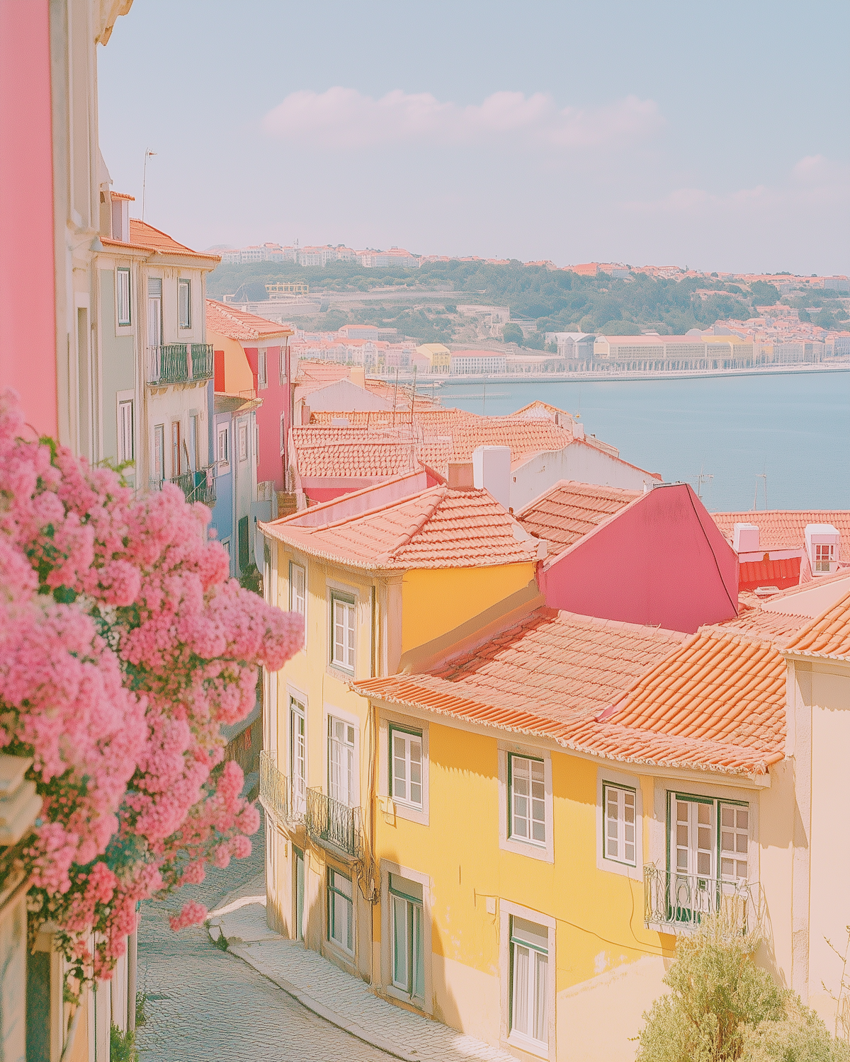 Pastel-painted buildings with red-tiled roofs and pink flowers in the foreground, standing above a calm bay