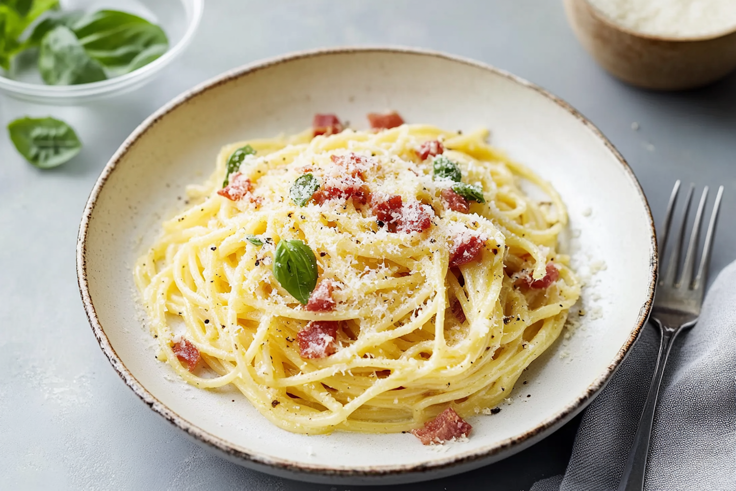A rustic white bowl of spaghetti tossed with crisp cured pork, herbs and grated hard cheese